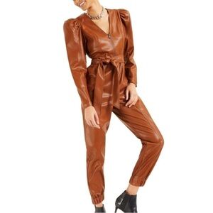 Culpos X INC Faux Leather Puff-Sleeve Jumpsuit Size S